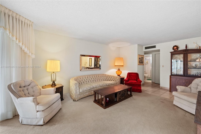 living room featuring a textured ceiling and light carpet