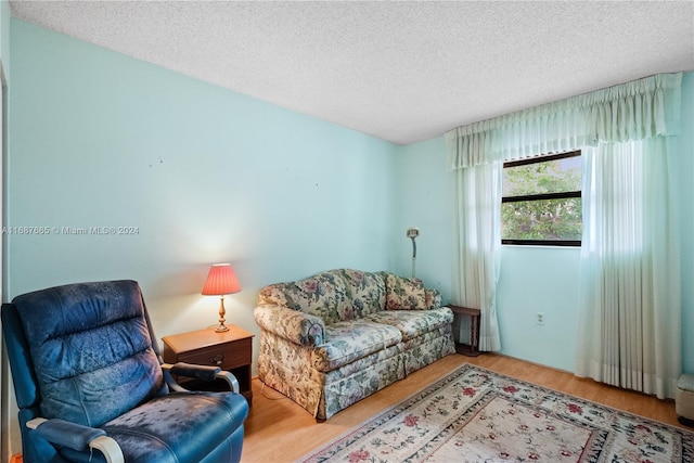 living room featuring hardwood / wood-style floors and a textured ceiling