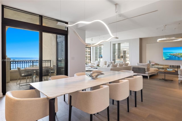 dining space with a water view, wood-type flooring, and plenty of natural light