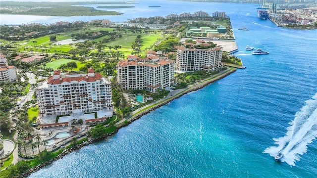 drone / aerial view featuring a water view