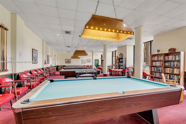 game room with billiards and a paneled ceiling