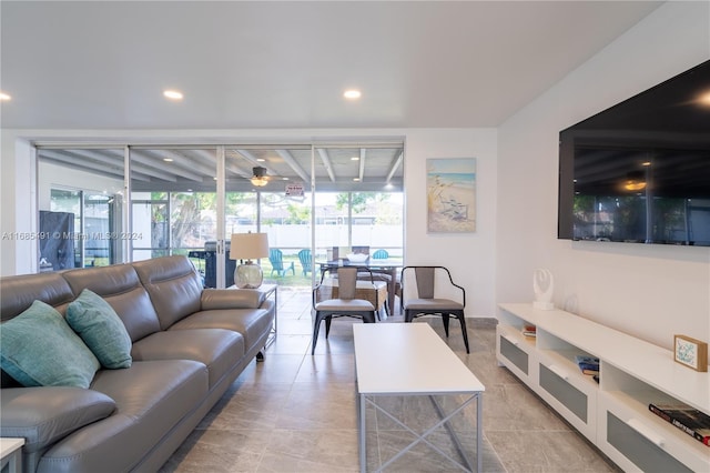 living room featuring ceiling fan