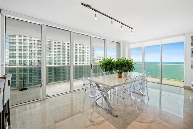 sunroom featuring a water view and track lighting