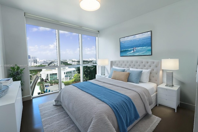 bedroom featuring floor to ceiling windows and dark hardwood / wood-style floors