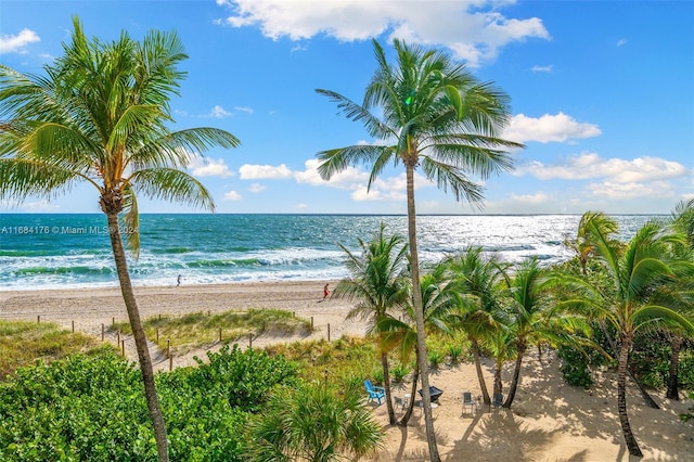 view of water feature with a beach view