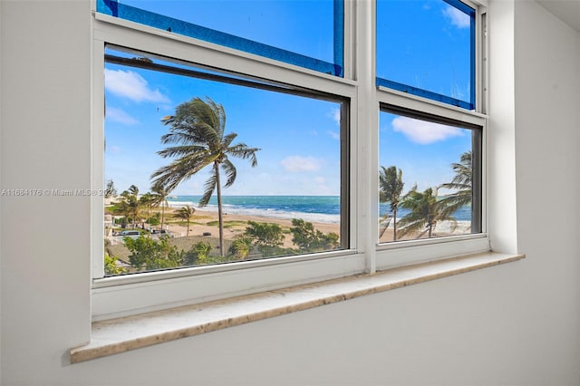 room details featuring a beach view and a water view