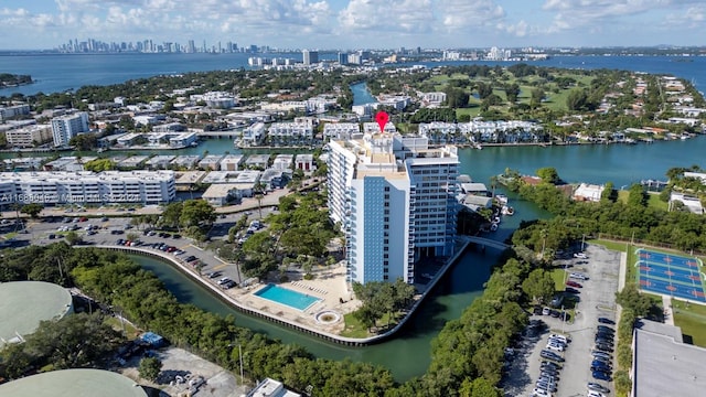 birds eye view of property featuring a water view