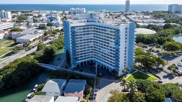 aerial view featuring a water view