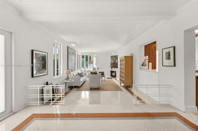 unfurnished living room featuring ornamental molding