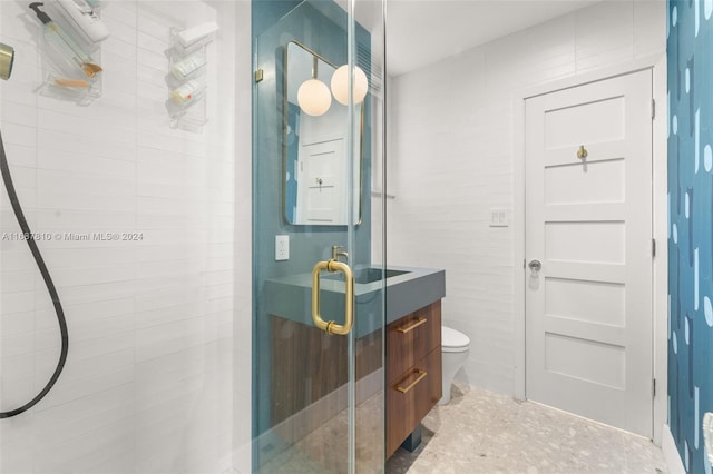 bathroom with vanity, toilet, and an enclosed shower