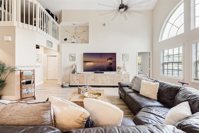 living room featuring a high ceiling and light hardwood / wood-style flooring