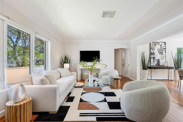 living room featuring ornamental molding and light wood-type flooring