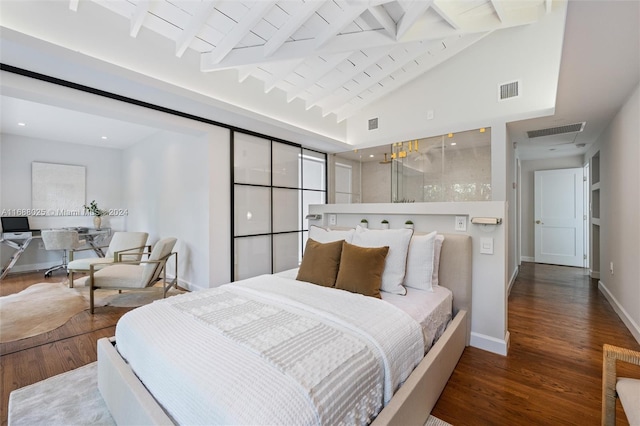 bedroom with high vaulted ceiling, dark hardwood / wood-style flooring, beamed ceiling, and wood ceiling