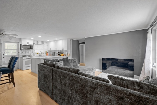 living room featuring ornamental molding, a textured ceiling, sink, light hardwood / wood-style floors, and ceiling fan