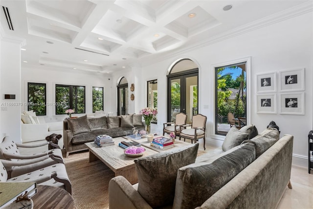 living room featuring ornamental molding, french doors, beamed ceiling, and coffered ceiling