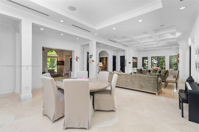 dining space featuring coffered ceiling, beam ceiling, and crown molding