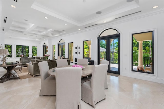 dining room featuring french doors, beam ceiling, crown molding, and coffered ceiling