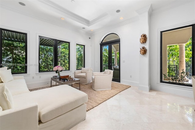 living room with ornamental molding