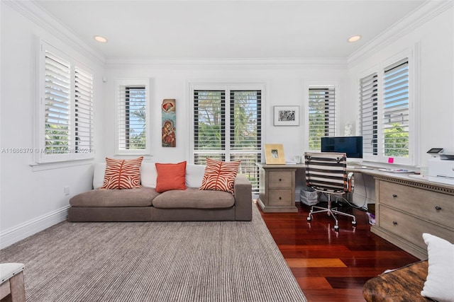 home office featuring a wealth of natural light, dark hardwood / wood-style floors, and ornamental molding