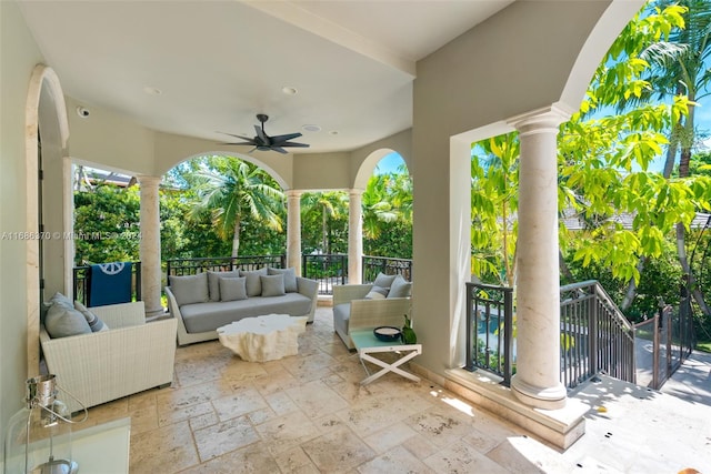 view of patio featuring ceiling fan and an outdoor hangout area