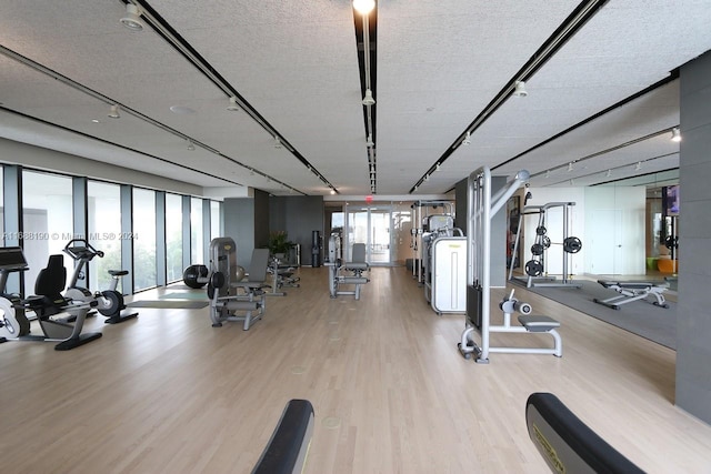 exercise room featuring a textured ceiling and light hardwood / wood-style flooring