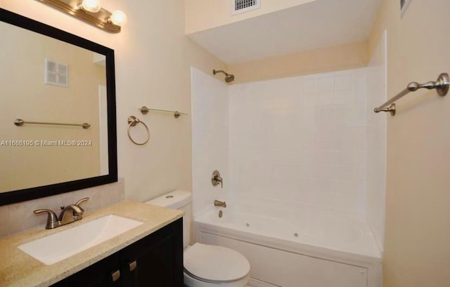 full bathroom with toilet, backsplash, vanity, and  shower combination