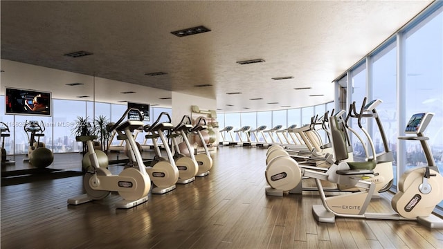 workout area with hardwood / wood-style floors, a wall of windows, and a textured ceiling