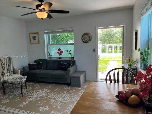 living room featuring hardwood / wood-style floors, ceiling fan, and a healthy amount of sunlight