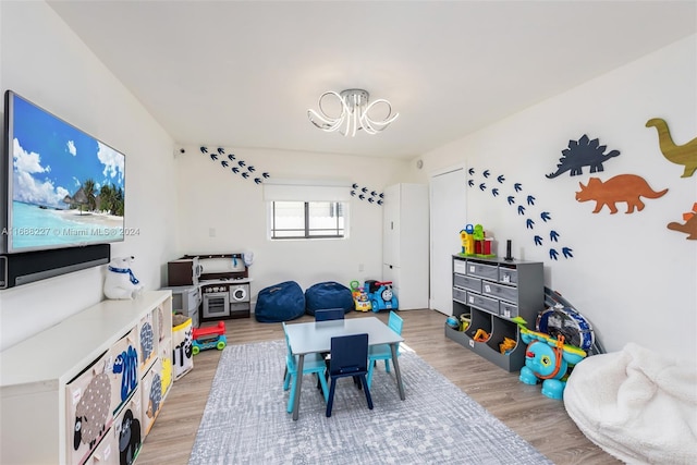 playroom with light hardwood / wood-style flooring