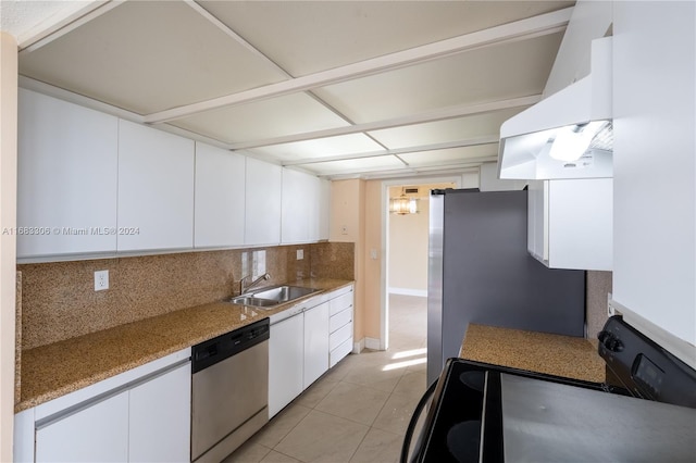 kitchen with stainless steel appliances, decorative backsplash, sink, light tile patterned floors, and white cabinetry