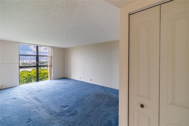 empty room featuring carpet, expansive windows, and a textured ceiling