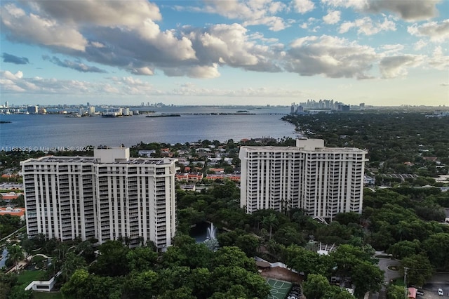 drone / aerial view with a water view