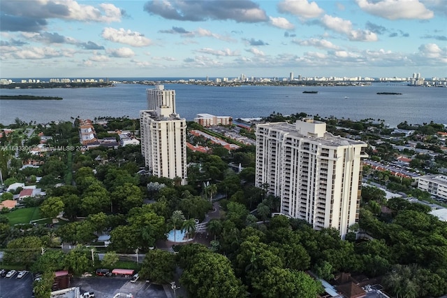 drone / aerial view with a water view