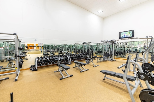 gym with a towering ceiling