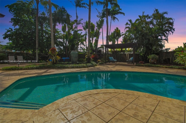 pool at dusk featuring a patio