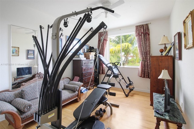 workout room featuring baseboards, wood finished floors, and a ceiling fan