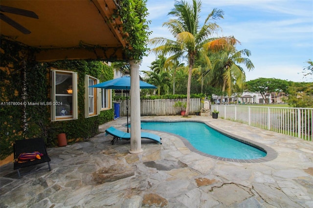 view of pool featuring a fenced backyard, ceiling fan, a patio area, and a fenced in pool