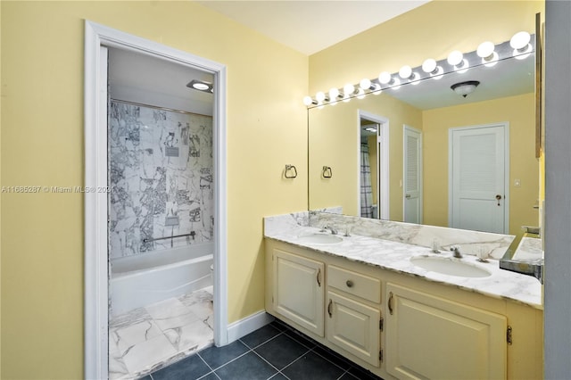 bathroom with vanity, tile patterned floors, and shower / bath combination with curtain