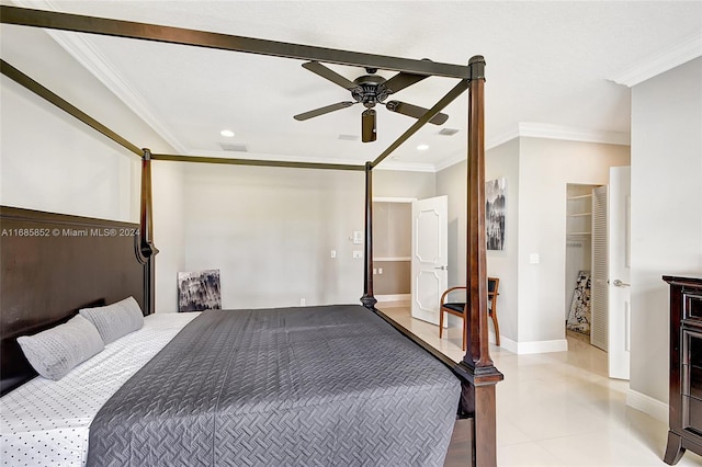 bedroom with ceiling fan and crown molding