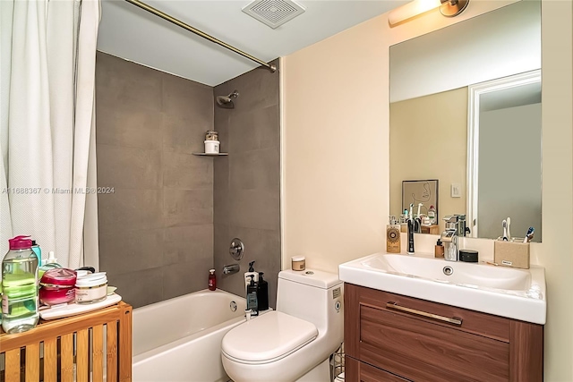 full bathroom with vanity, toilet, and shower / bathtub combination with curtain