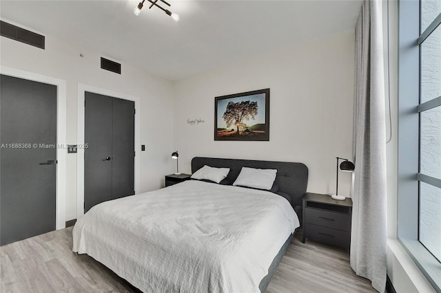 bedroom featuring multiple windows and light wood-type flooring