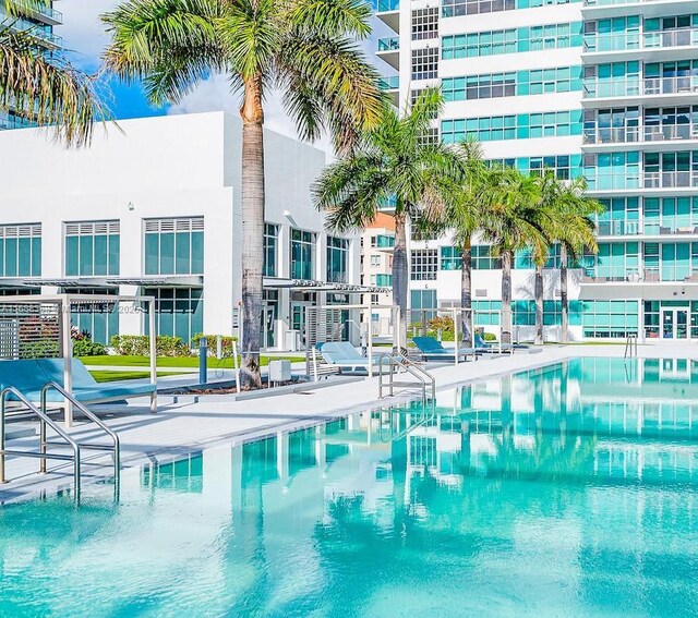 view of swimming pool featuring a patio area