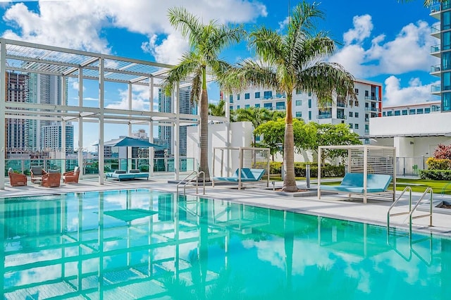 view of swimming pool featuring a patio area