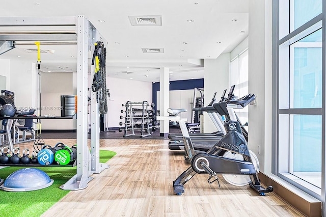 gym with a wealth of natural light and hardwood / wood-style floors