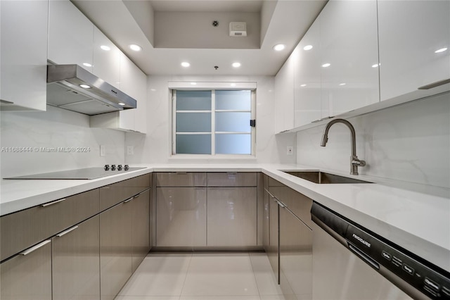 kitchen with dishwasher, wall chimney exhaust hood, sink, black electric cooktop, and white cabinets