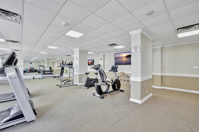 workout area featuring a paneled ceiling and carpet flooring