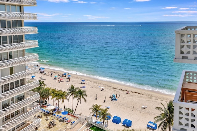 view of water feature with a beach view