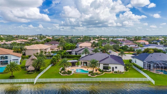 bird's eye view with a water view