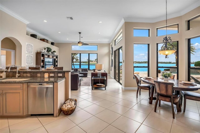 kitchen featuring hanging light fixtures, a healthy amount of sunlight, sink, and stainless steel dishwasher