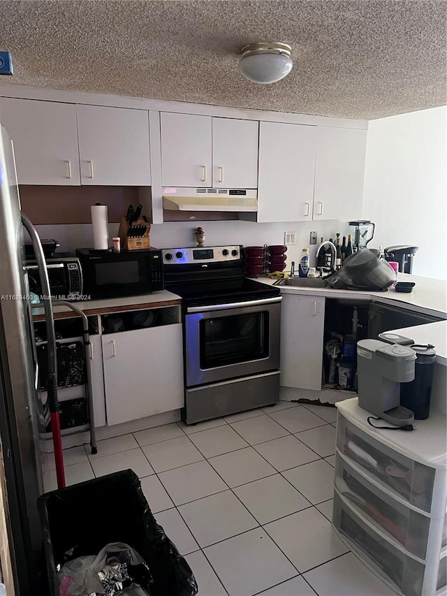 kitchen with white cabinetry, electric range, sink, a textured ceiling, and light tile patterned flooring